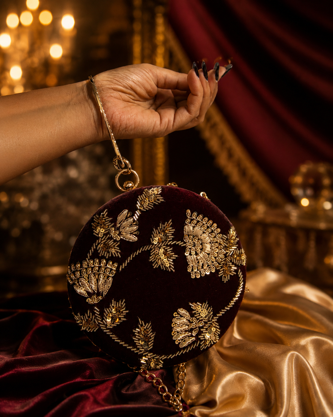 Round Embellished Velvet Clutch – Wine