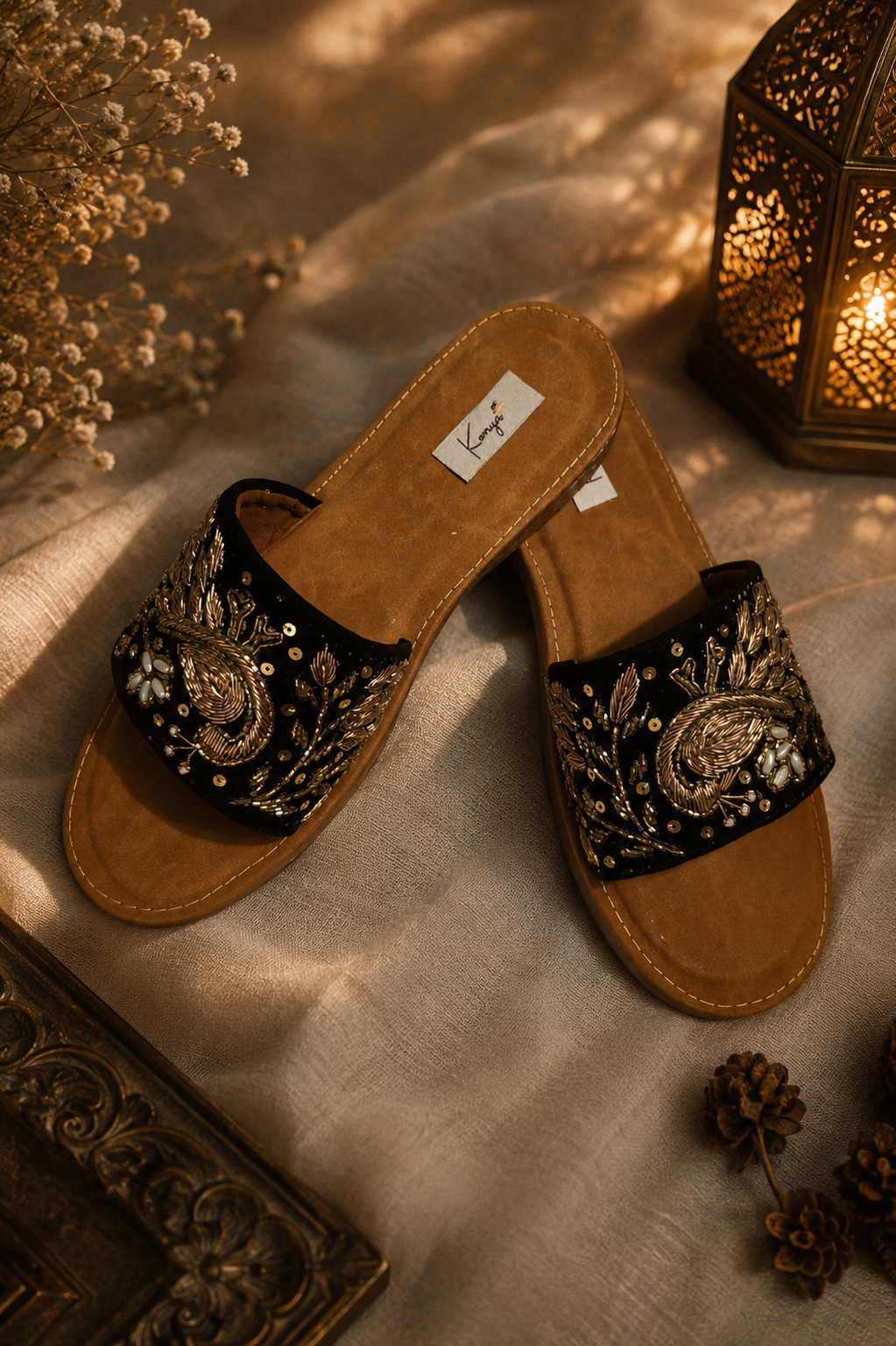 Komya Noor Embellished Sandals – Black & Gold