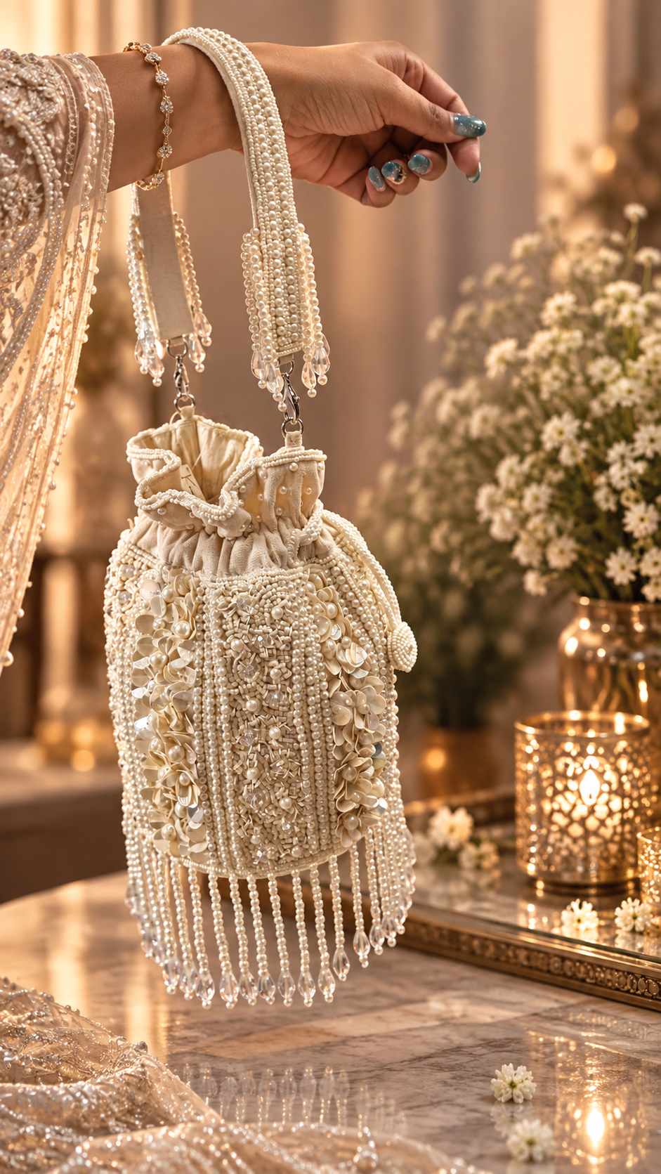 Ivory Pearl Cascade Potli Bag