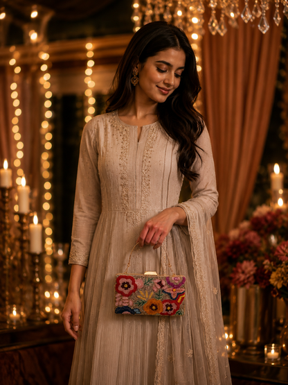 Floral Beaded Evening Clutch- Gold