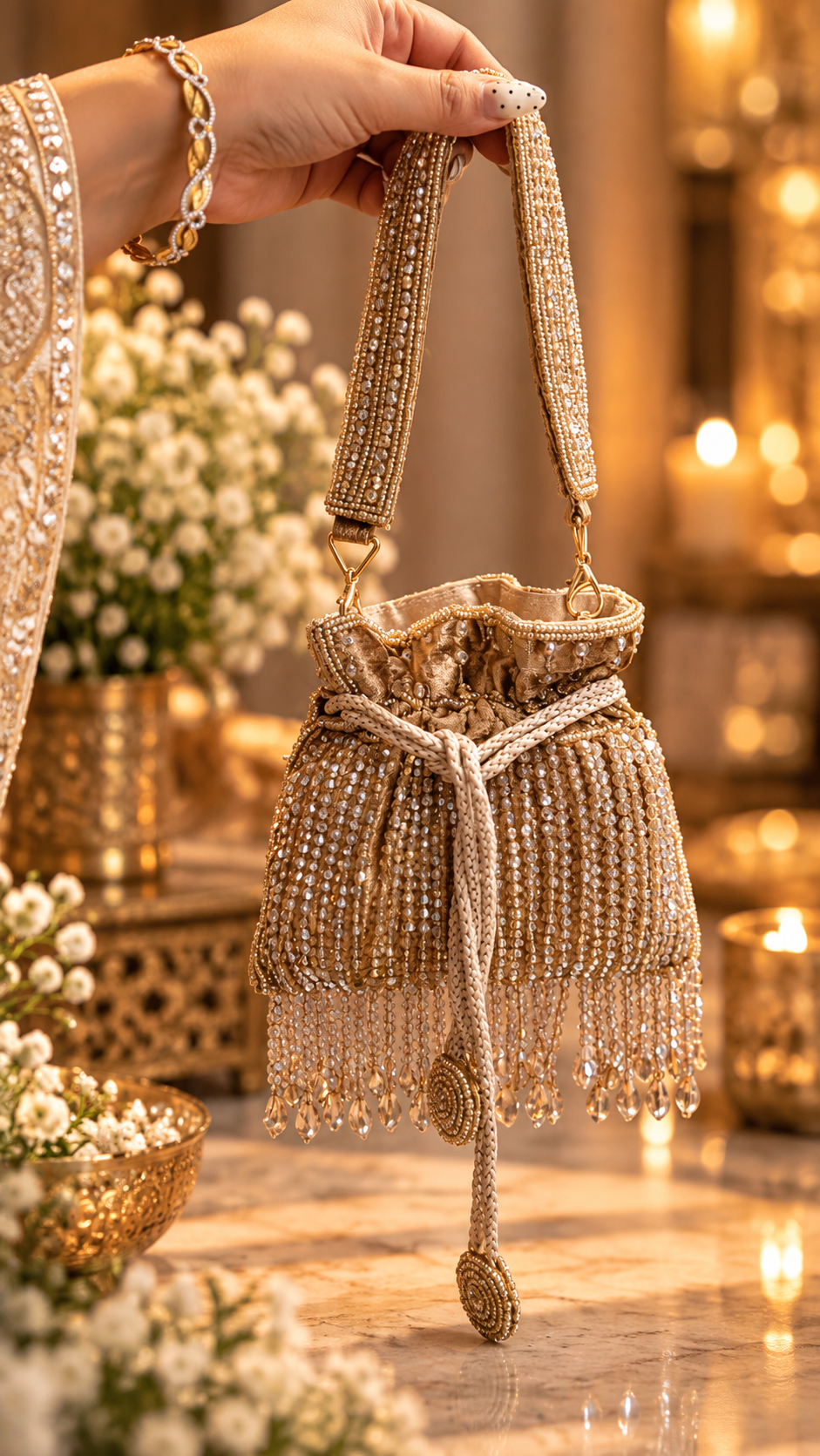 Champagne Crystal Cascade Mini Potli Bag