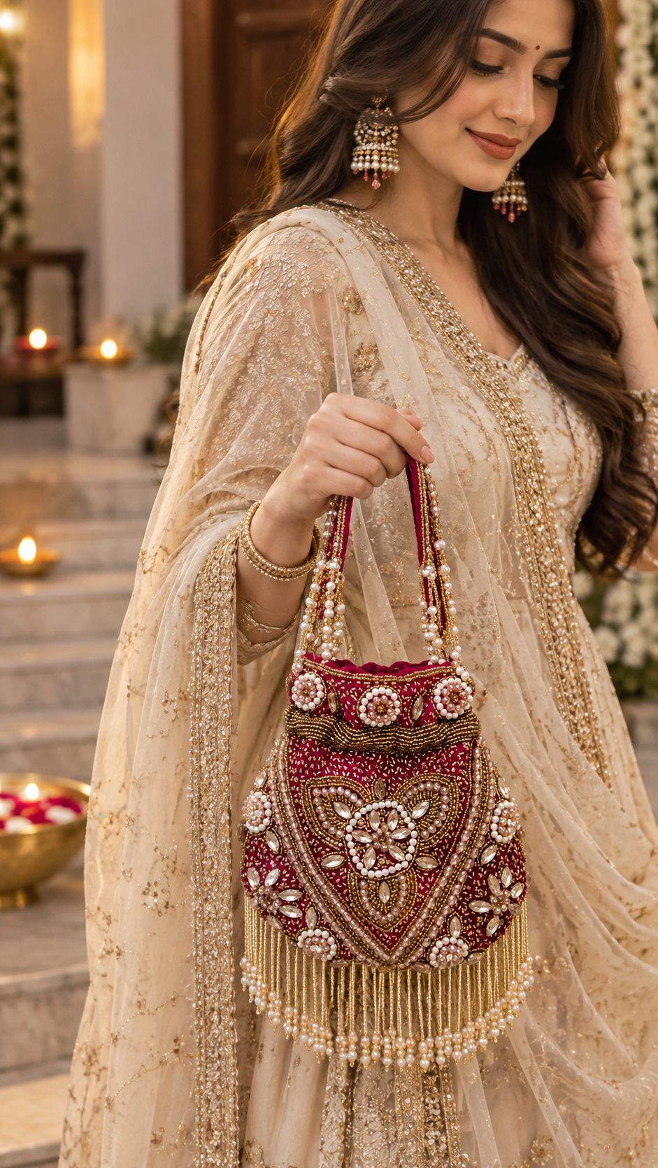 Pearl & Crystal Embellished Bridal Potli Bag