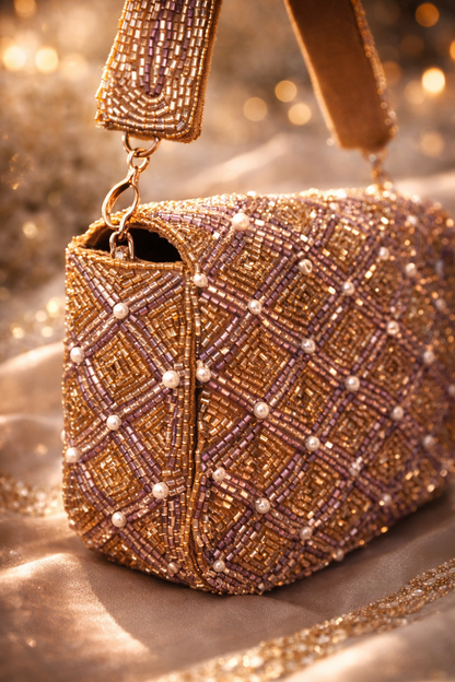 Champagne Gold Floral Beaded Handbag