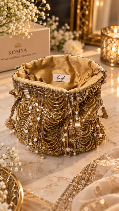 Golden Pearl Cascade Handcrafted Potli Bag