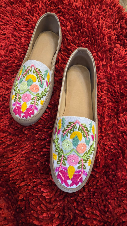 Beige/white embroidery with bead detailing Slip-On Shoes