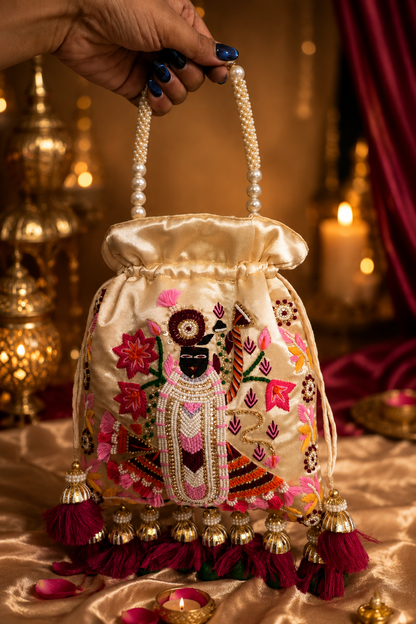 Shreenathji Embroidered ivory-gold Potli