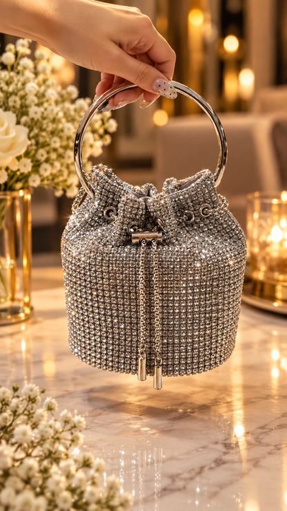 Silver Crystal Luxe Bucket Bag