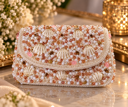 Pearl Shell Cascade Embellished Handbag - white