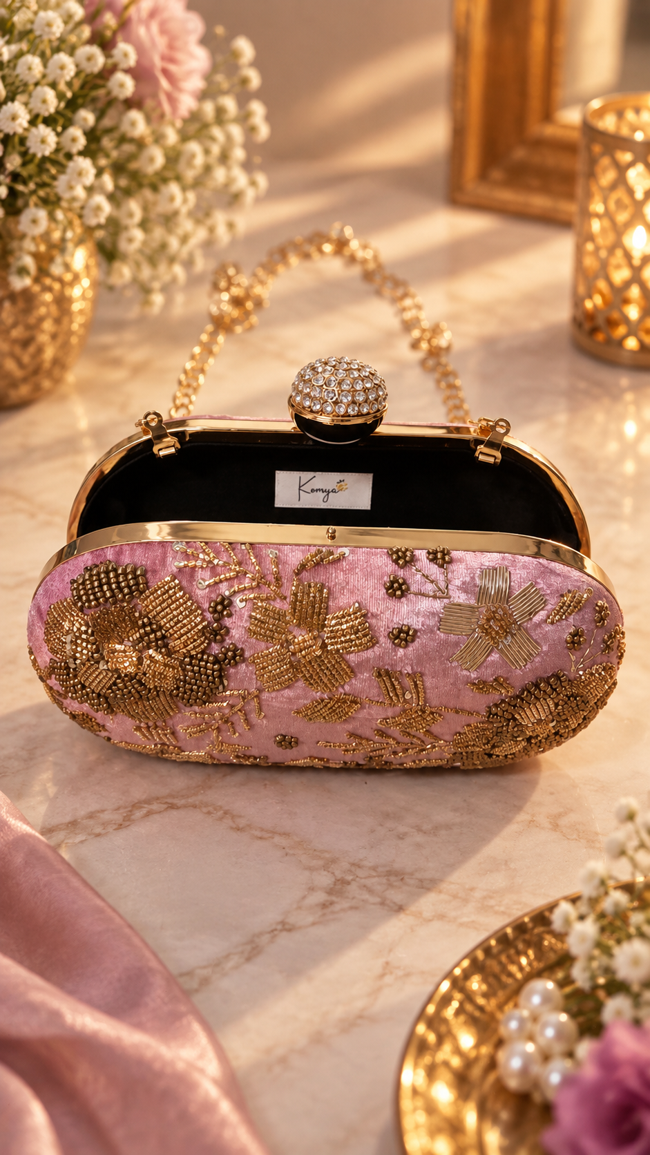 Blush Bloom Embellished Velvet Clutch