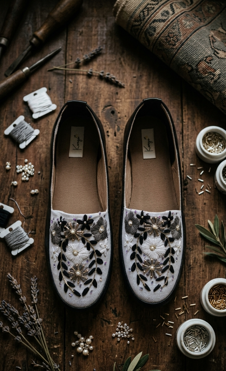Black & White Floral Embroidered Slip-Ons