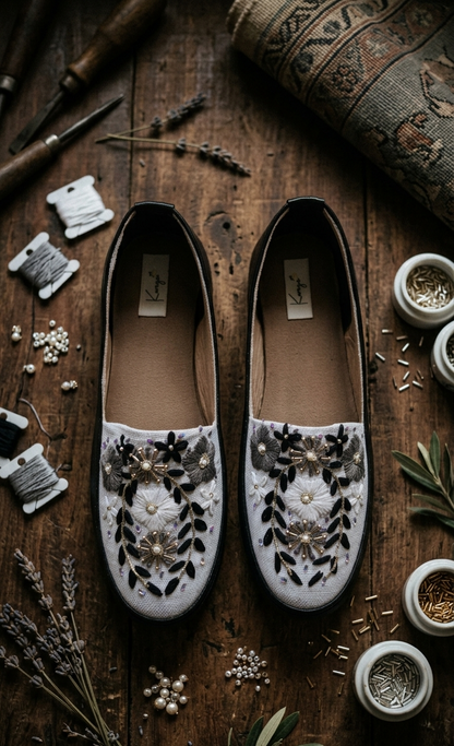 Black & White Floral Embroidered Slip-Ons
