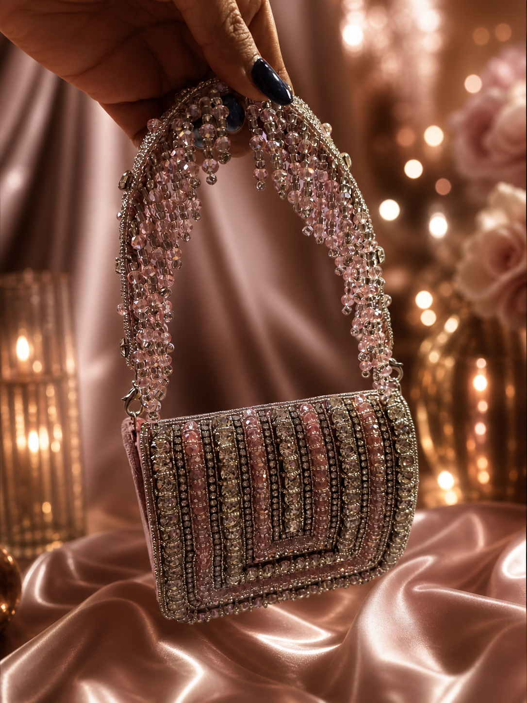 Embellished blush-toned Crystal Statement Bag
