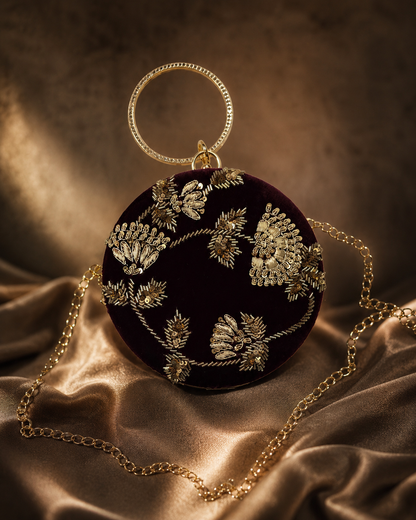 Round Embellished Velvet Clutch – Wine