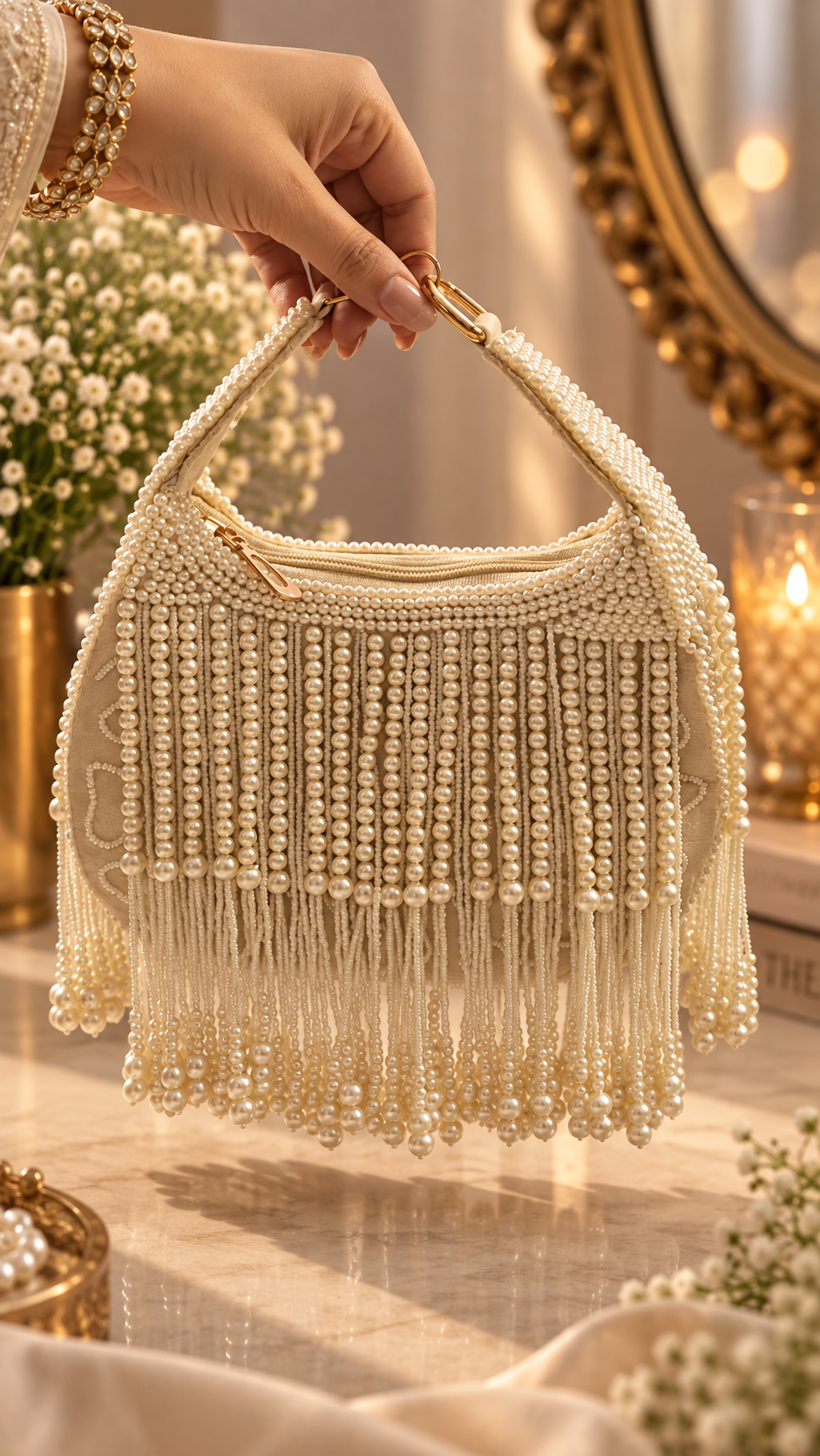 Pearl Cascade Handcrafted Handbag – Off-White
