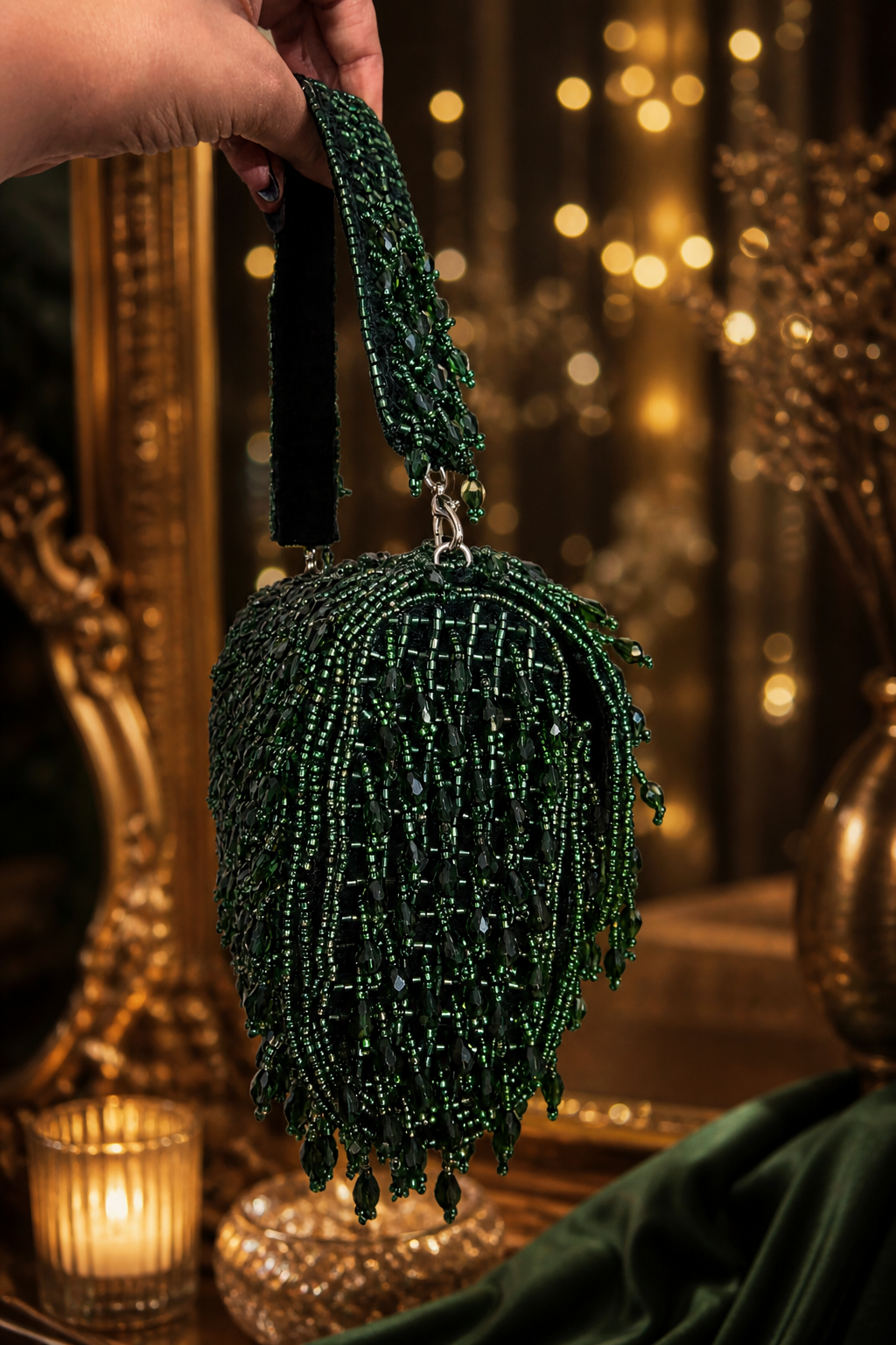 Green Emerald Beaded Shoulder Bag