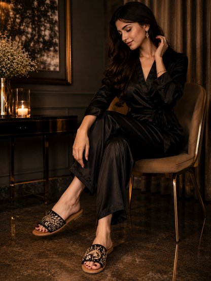 Komya Noor Embellished Sandals – Black & Gold
