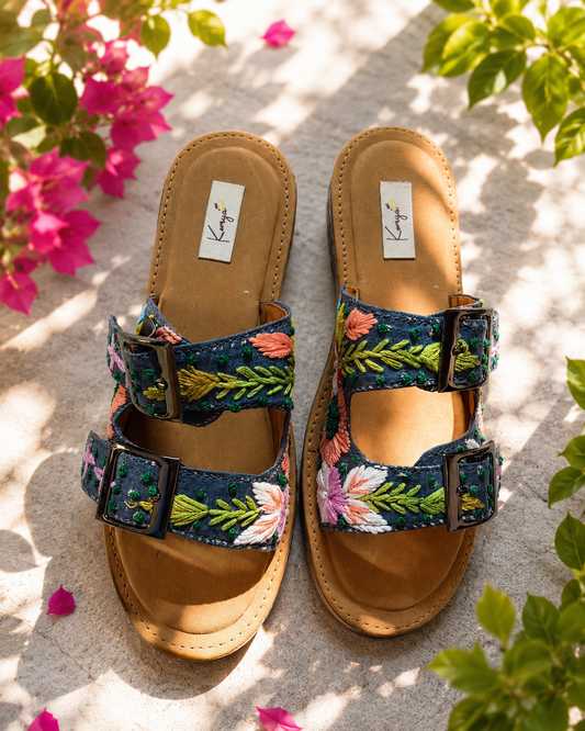Blue Bloom Embroidered Slides