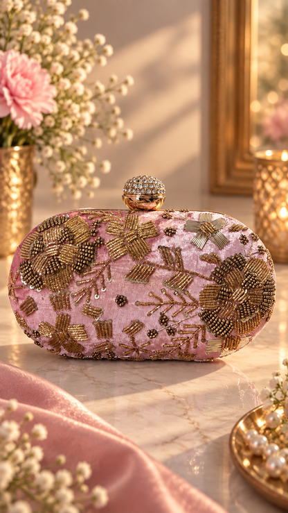 Blush Bloom Embellished Velvet Clutch