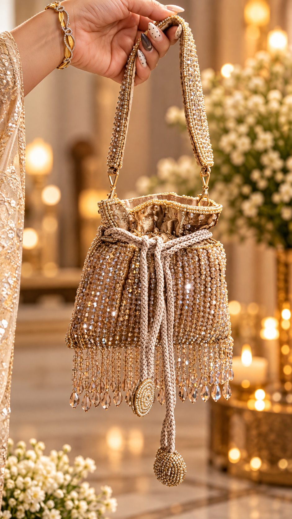 Champagne Crystal Cascade Mini Potli Bag