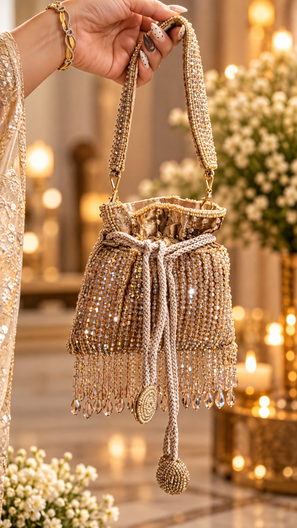 Champagne Crystal Cascade Mini Potli Bag