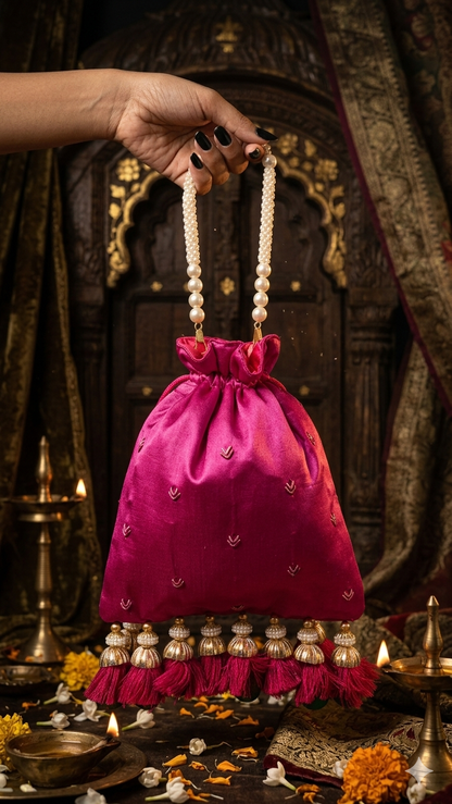 Rani Pink Shreenathji Embroidered Potli