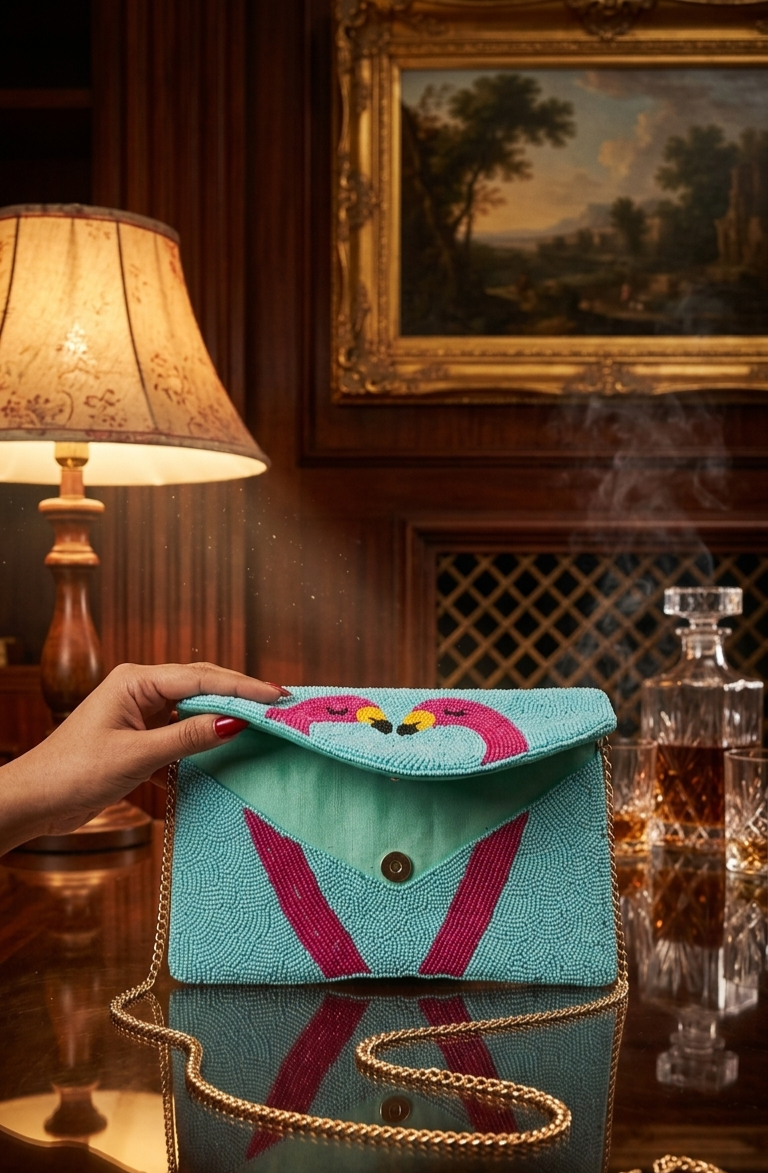 Aqua Flamingo Beaded Envelope Bag