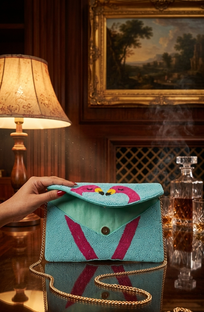 Aqua Flamingo Beaded Envelope Bag