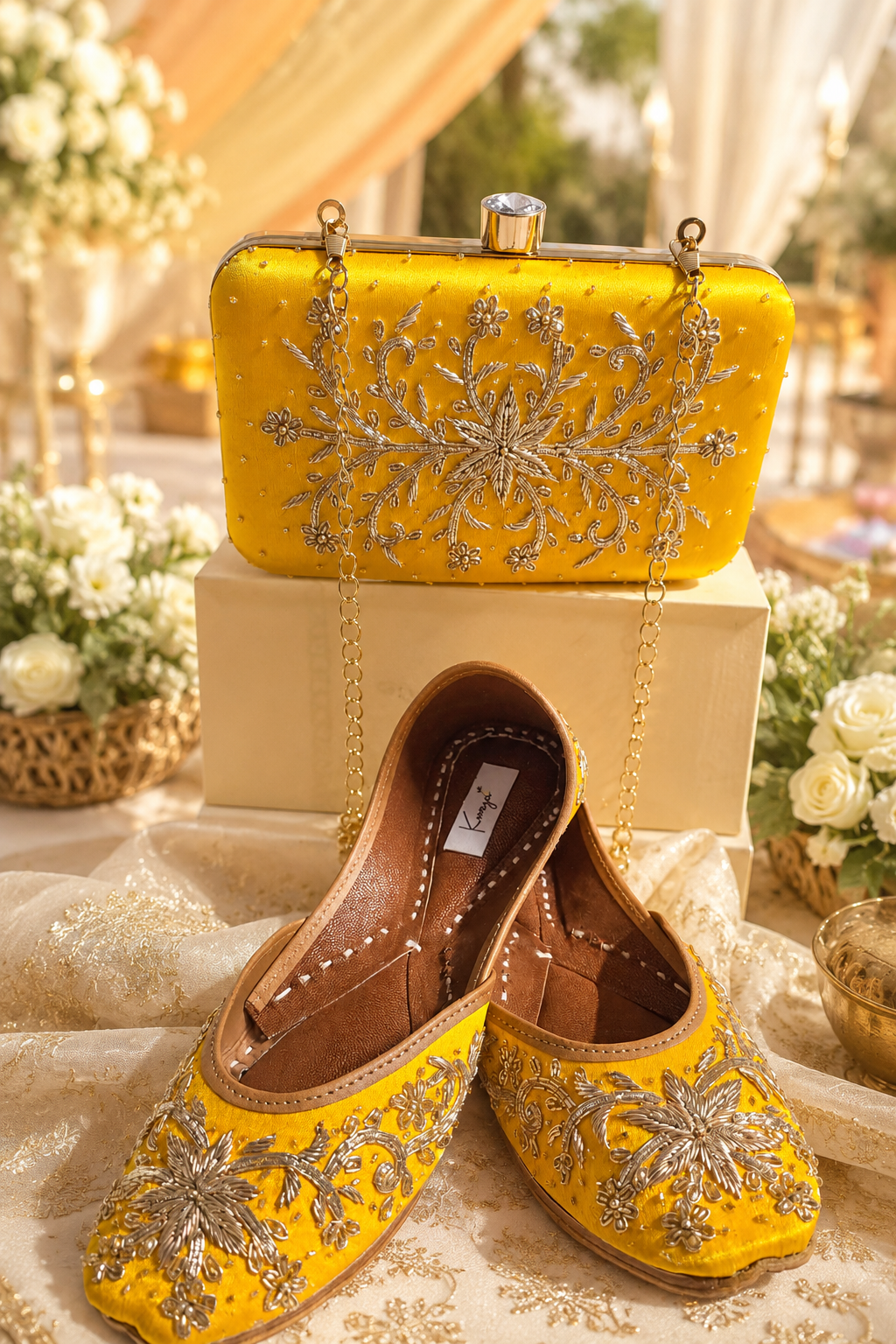 Mustard Yellow gold Jutti & Clutch Combo