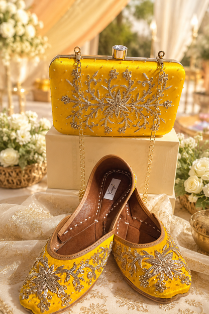 Mustard Yellow gold Jutti & Clutch Combo