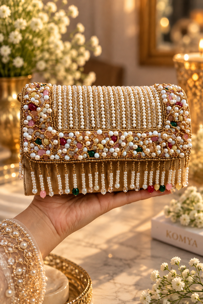 Pearl Cascade Embellished Gold Clutch
