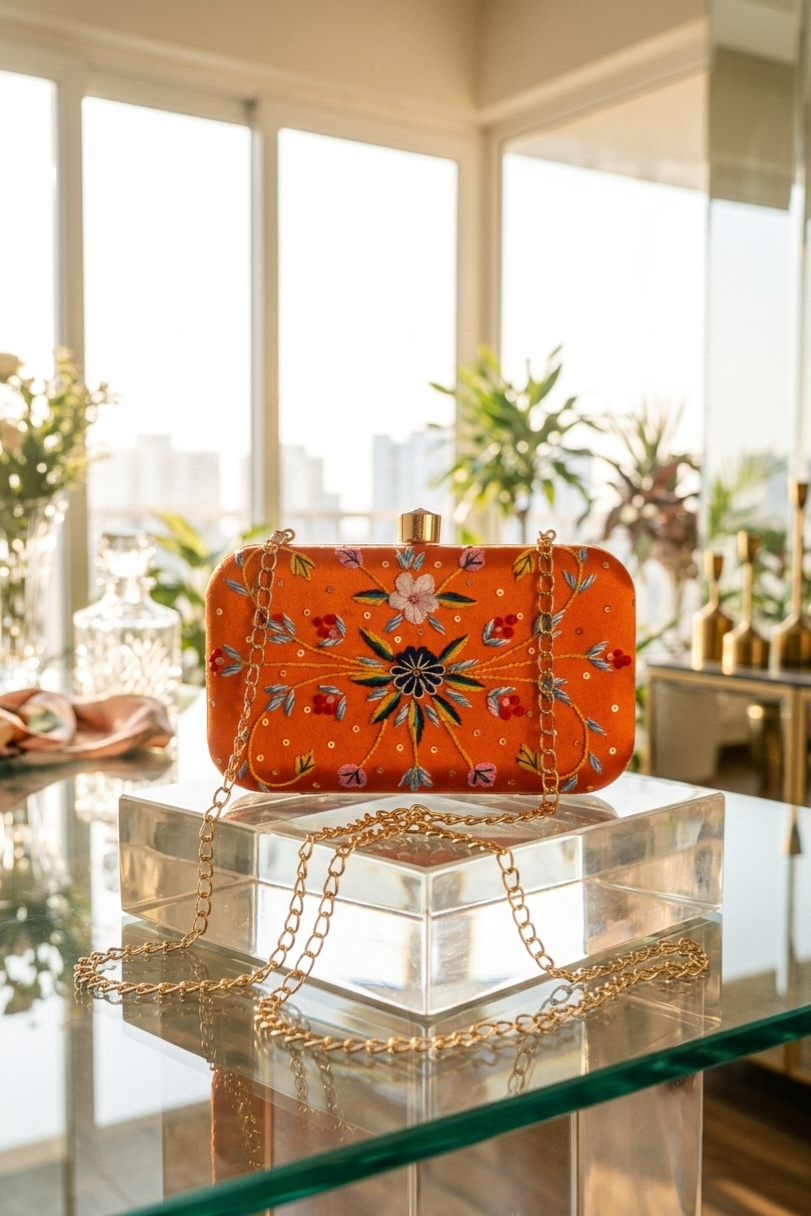 Amber Bloom Embroidered Clutch