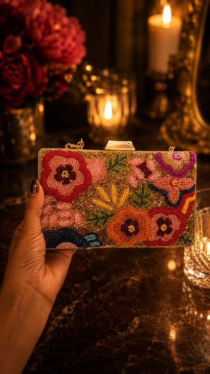 Floral Beaded Evening Clutch- Gold