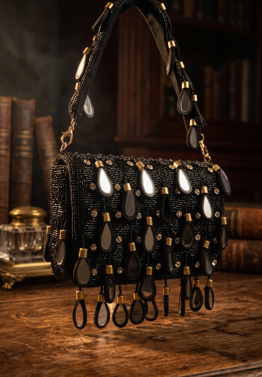 Black Embellished Mirror Statement Handbag
