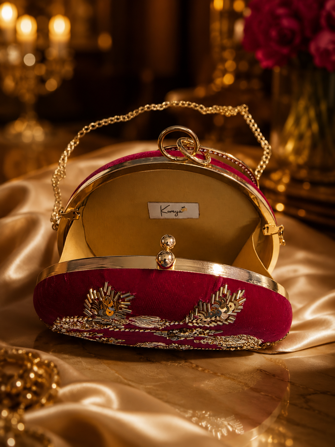 Round Embellished Velvet Clutch – Pink
