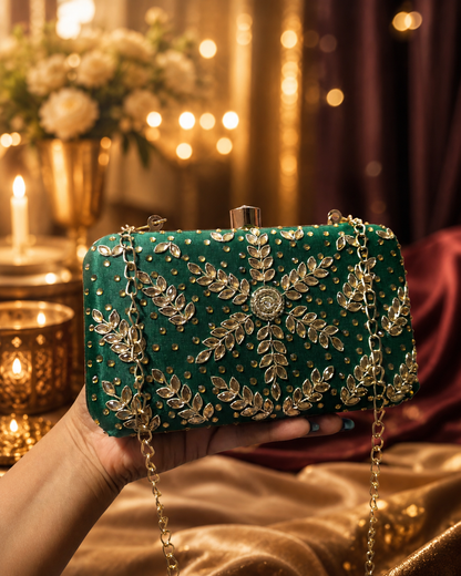 Green Embroidered Party Clutch