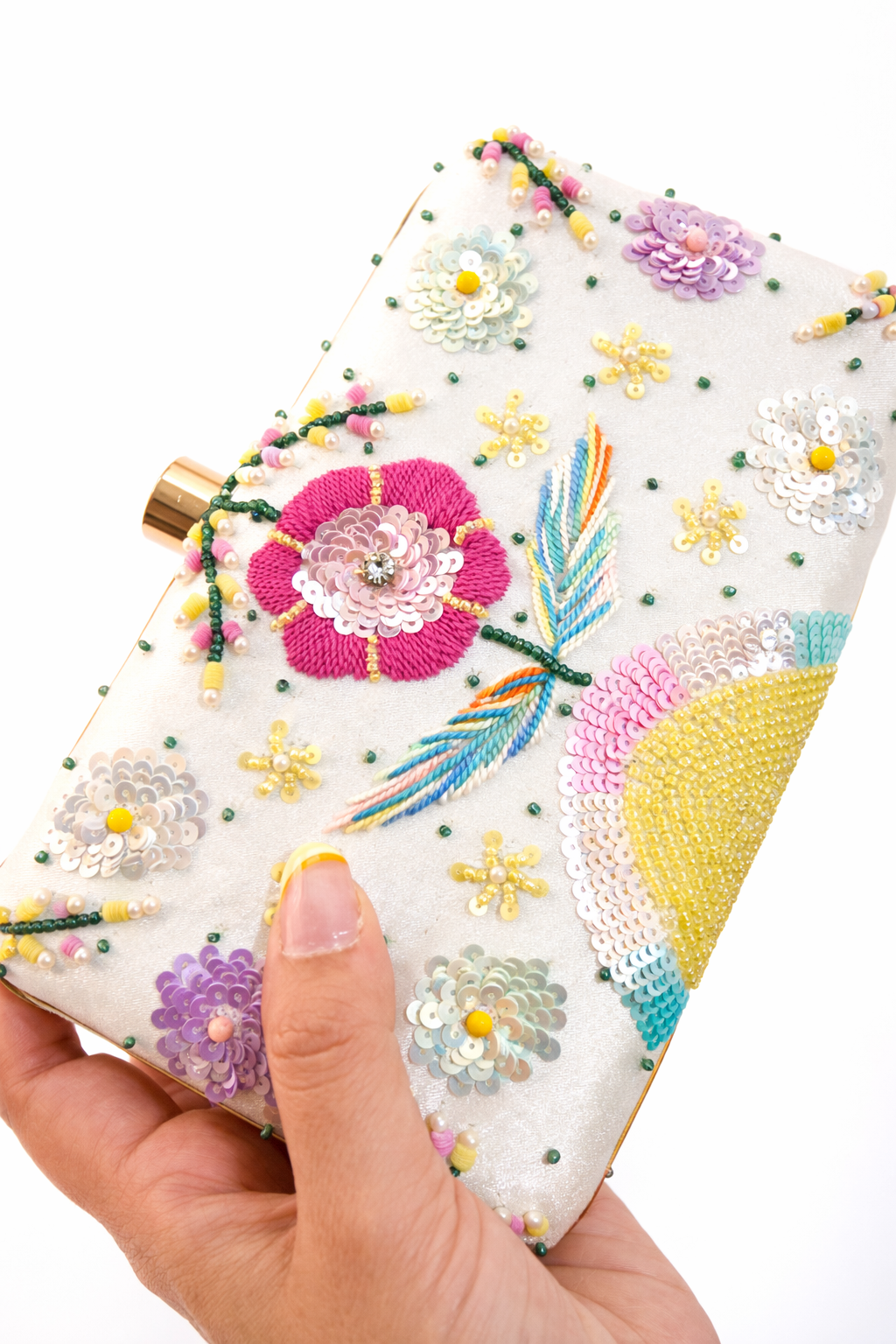 White floral pastel embroidery Clutch