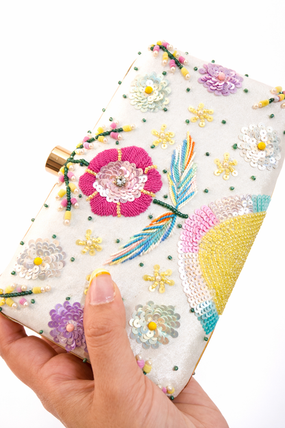 White floral pastel embroidery Clutch