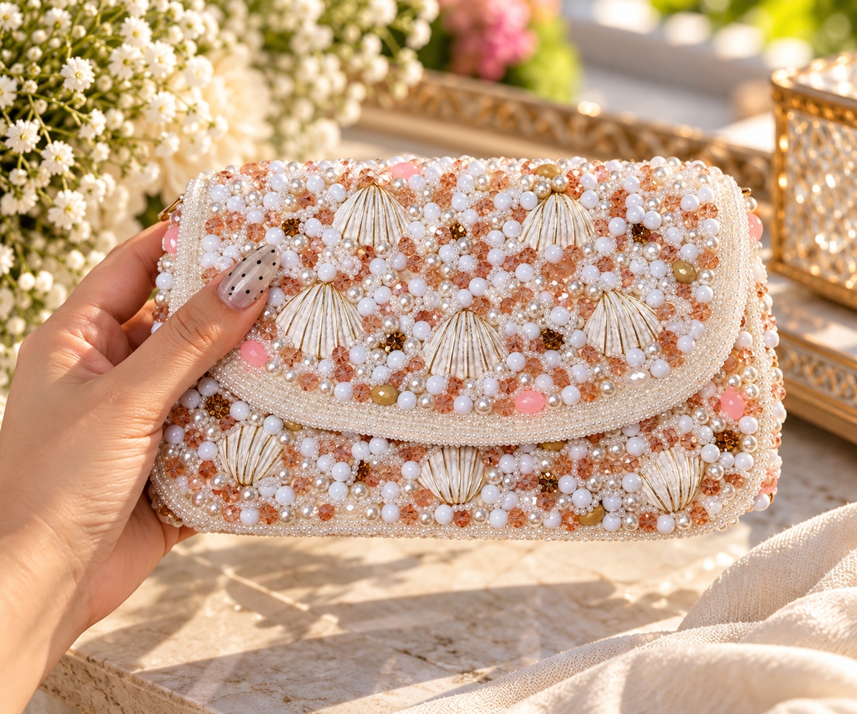 Pearl Shell Cascade Embellished Handbag - white