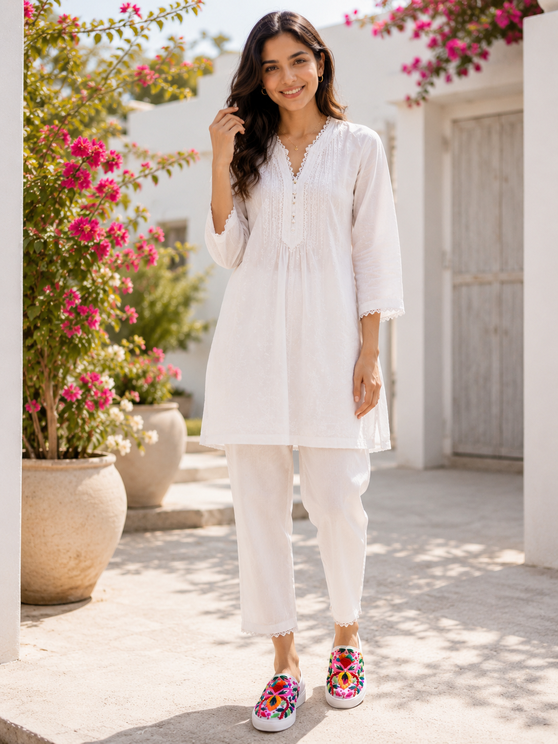 White Handcrafted Embroidered Slip-On Shoes