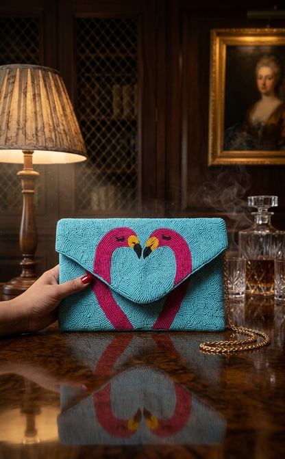 Aqua Flamingo Beaded Envelope Bag