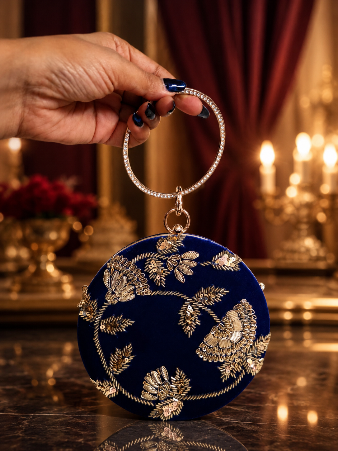 Round Embellished Velvet Clutch – Royal Blue