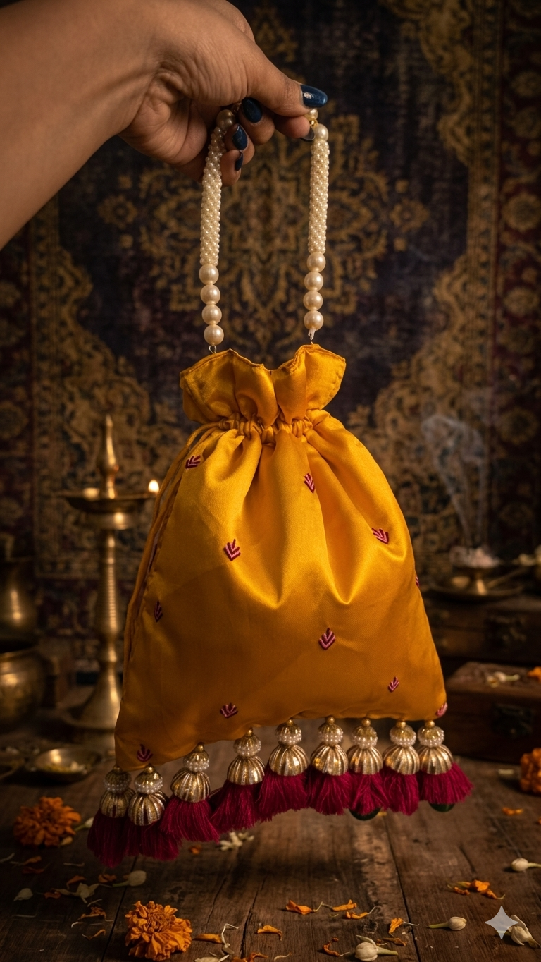 Shreenathji Embroidered Yellow Potli