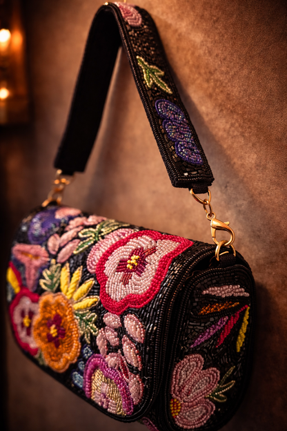 Black Floral Hand-Beaded Sling Bag
