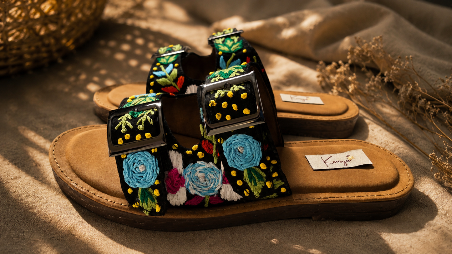 Black Bloom Embroidered Slides