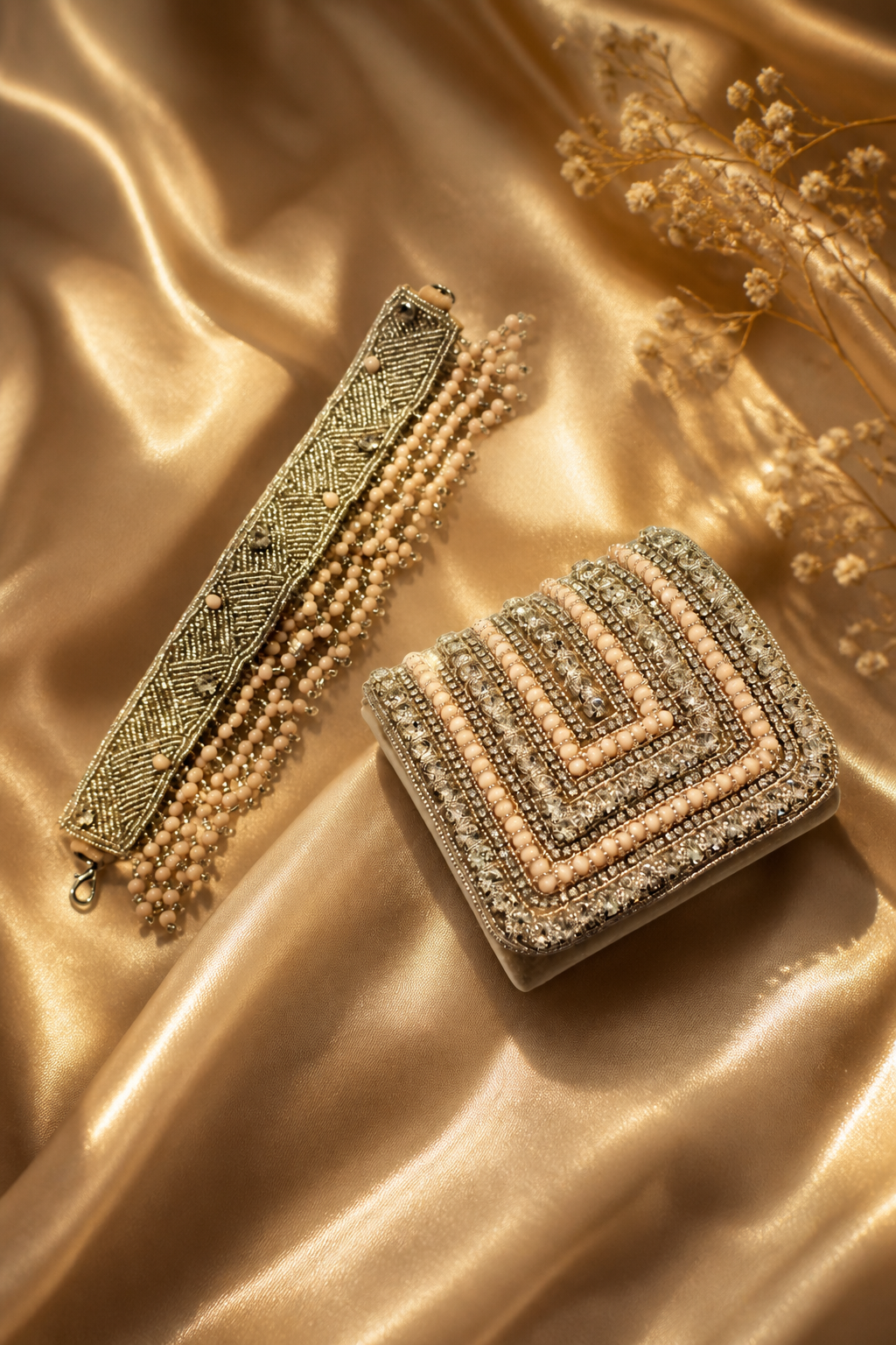 Embellished nude-toned Crystal Statement Bag