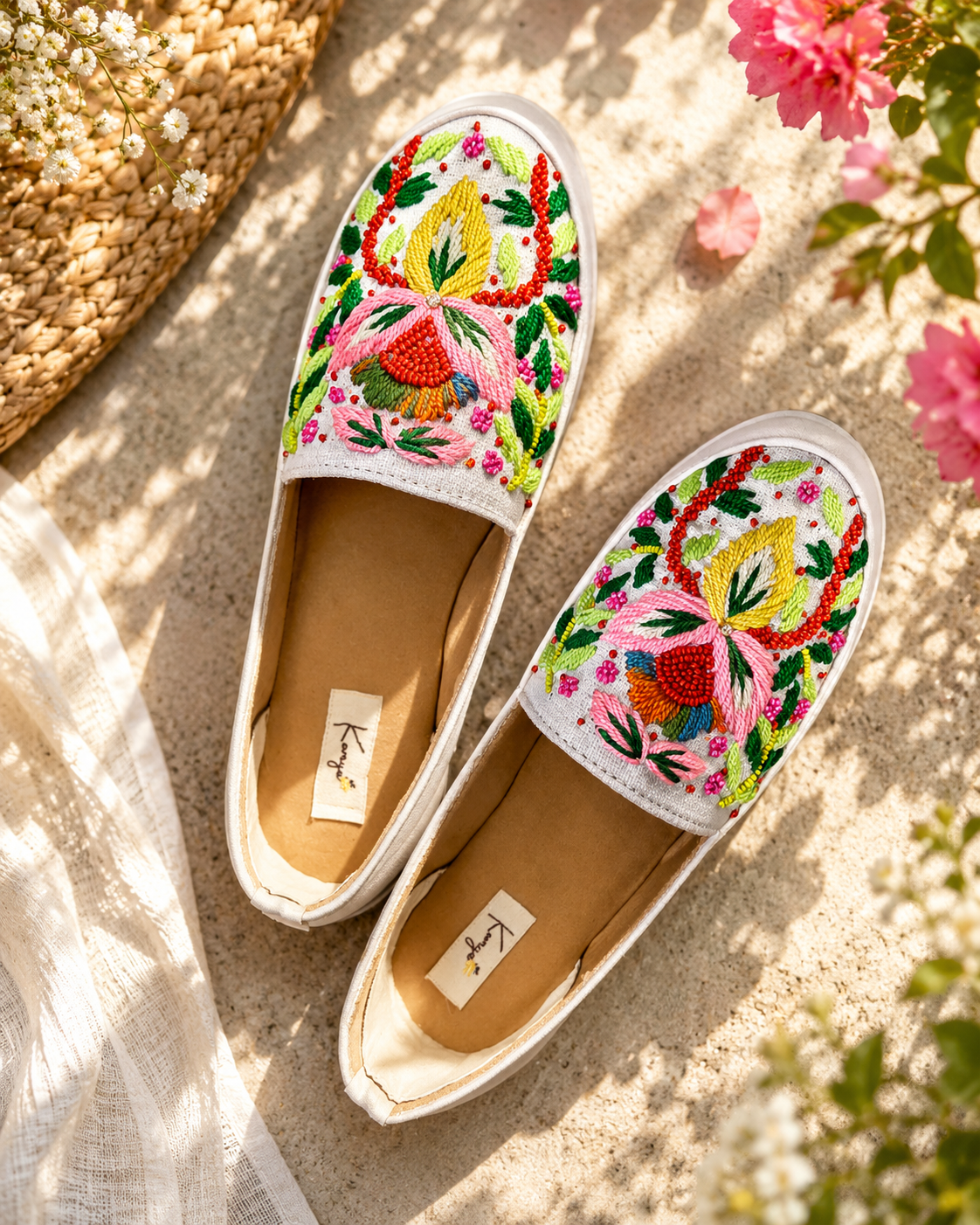 White Handcrafted Embroidered Slip-On Shoes