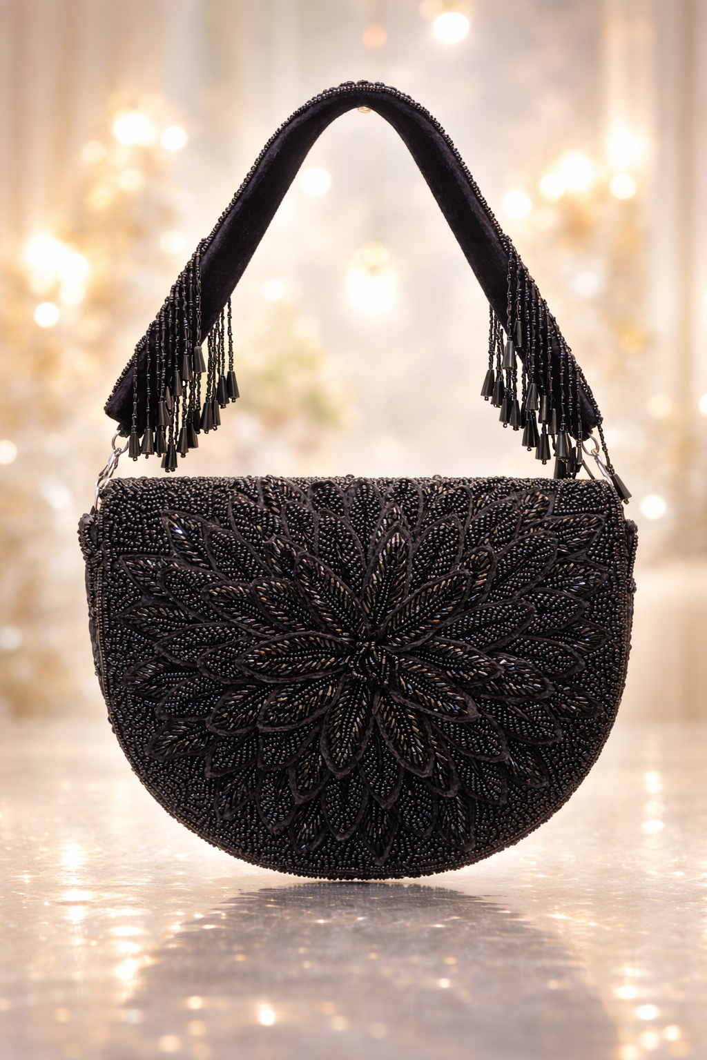 Black Floral Beaded Evening Bag