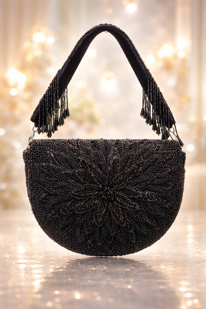 Black Floral Beaded Evening Bag