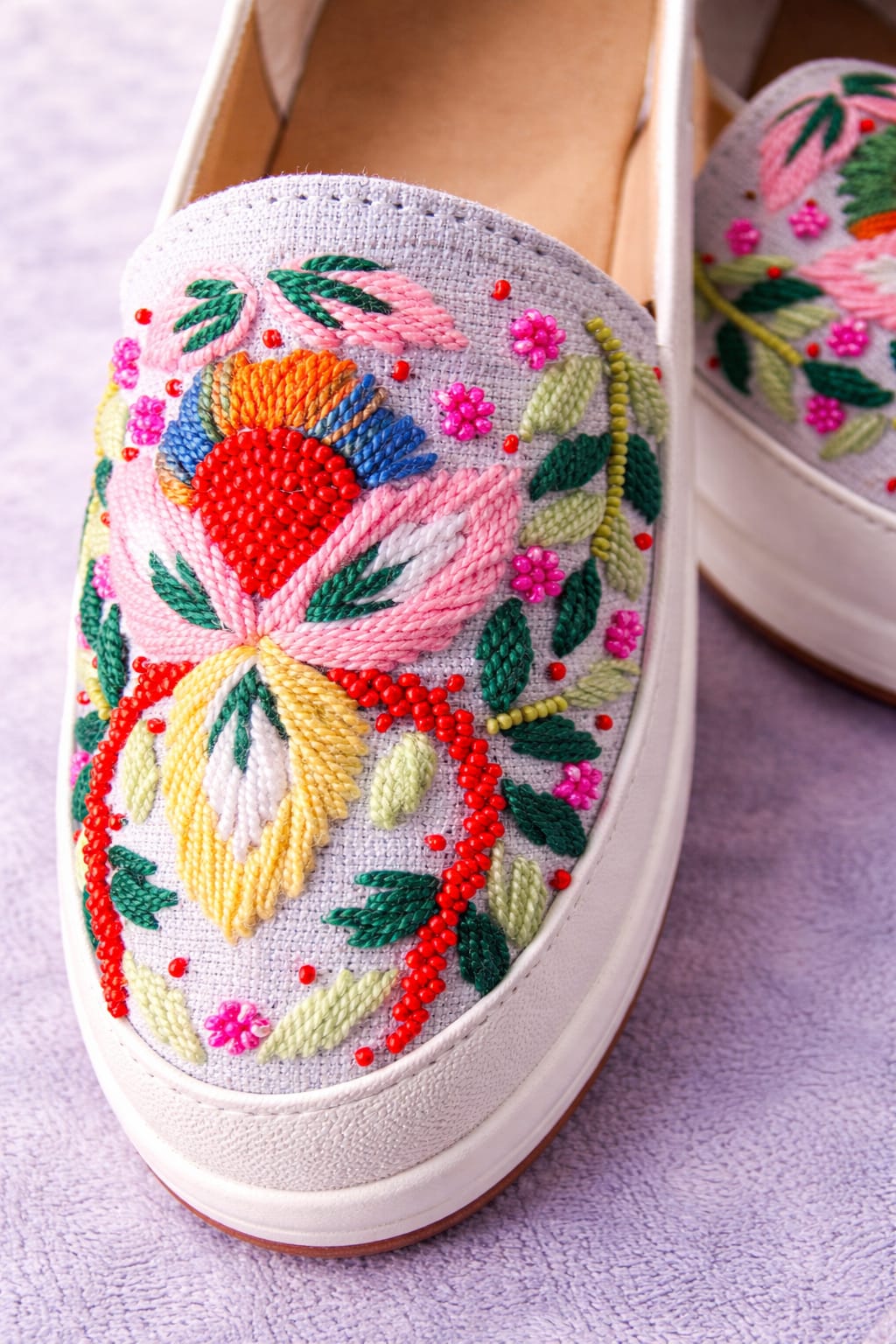 White Handcrafted Embroidered Slip-On Shoes