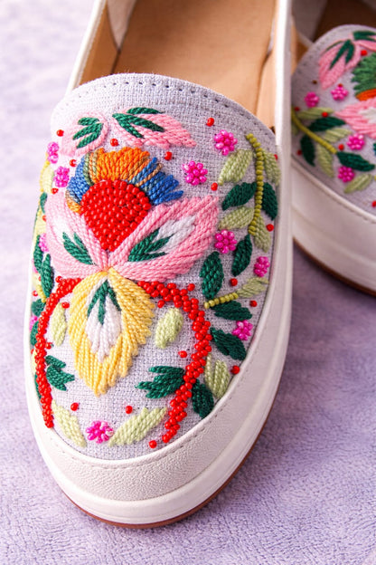 White Handcrafted Embroidered Slip-On Shoes